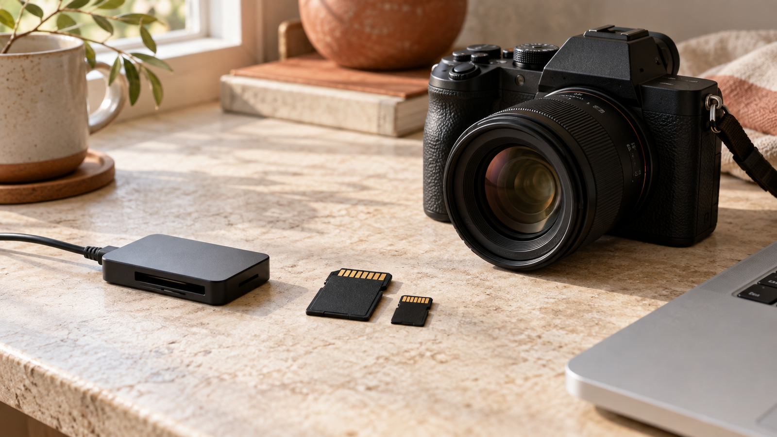 Camera, SD and microSD cards, card reader and laptop on a sunlit tabletop