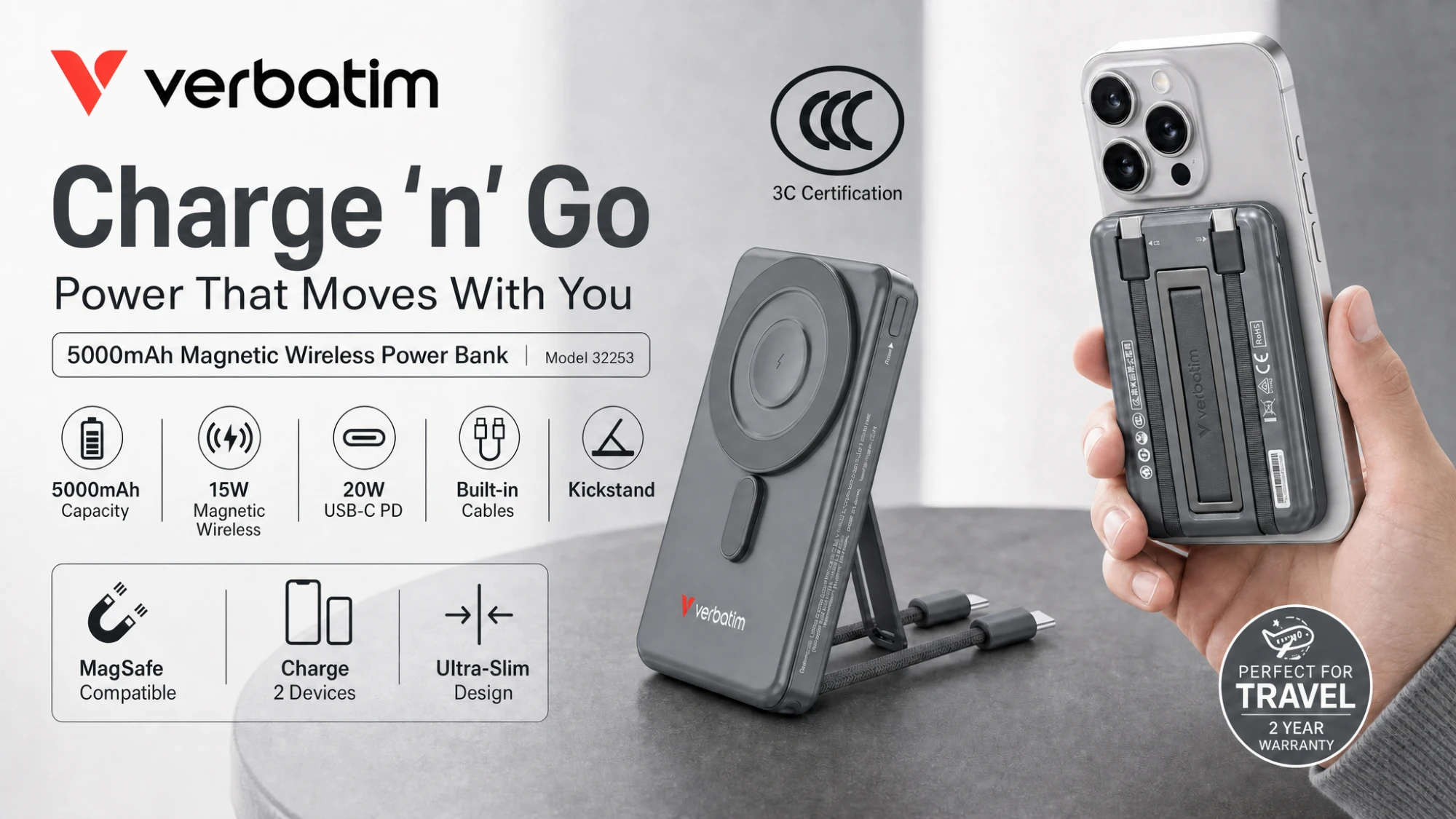 Verbatim Charge 'n' Go 5000mAh Magnetic Wireless Power Bank - MagSafe compatible, 15W wireless, 20W USB-C PD, built-in cables, kickstand